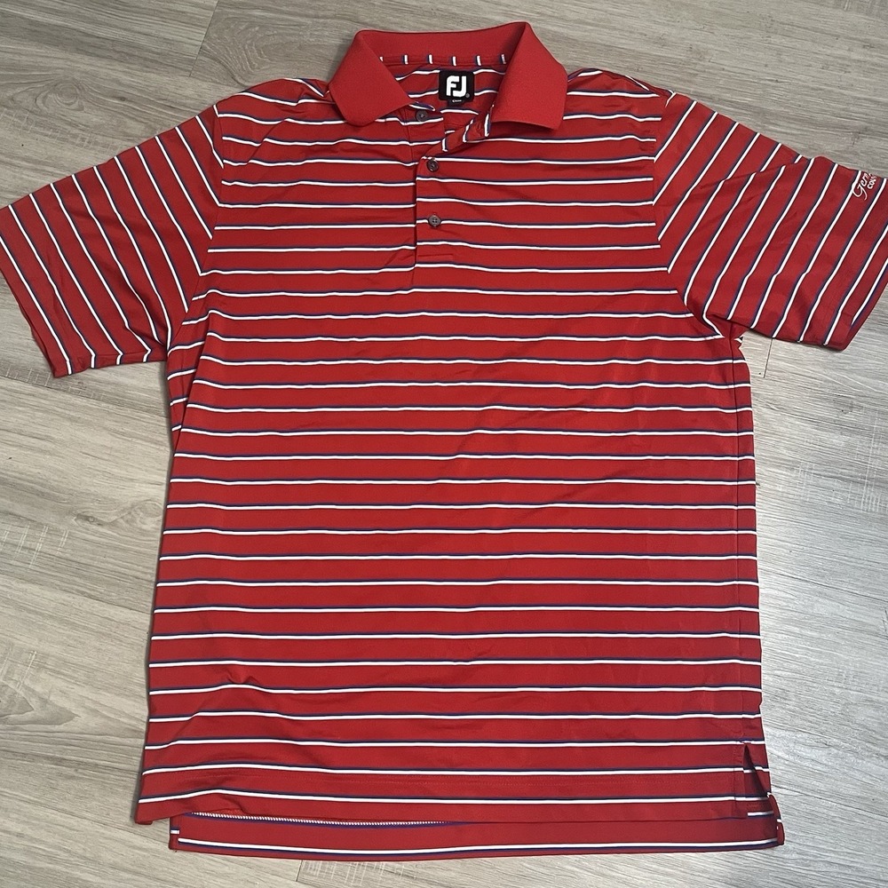 Footjoy FJ Red White Striped Logo Short Sleeve Golf Polo Shirt Mens Medium